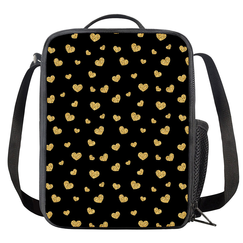 Gold And Black Heart Pattern Print Crossbody Lunch Bag