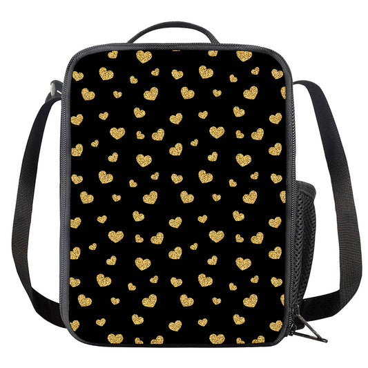 Gold And Black Heart Pattern Print Crossbody Lunch Bag