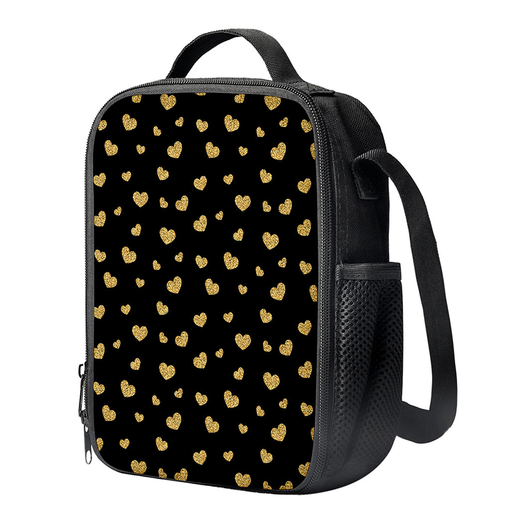 Gold And Black Heart Pattern Print Crossbody Lunch Bag
