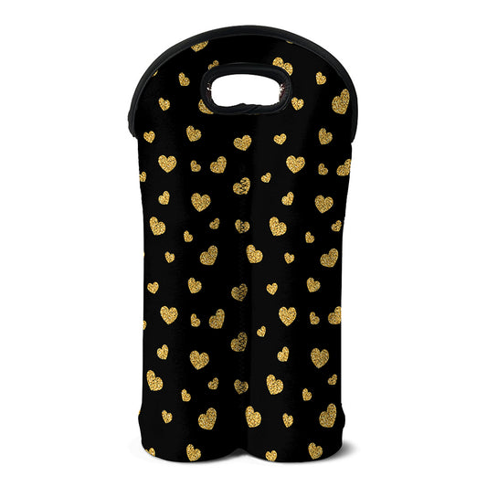Gold And Black Heart Pattern Print Double Neoprene Wine Tote