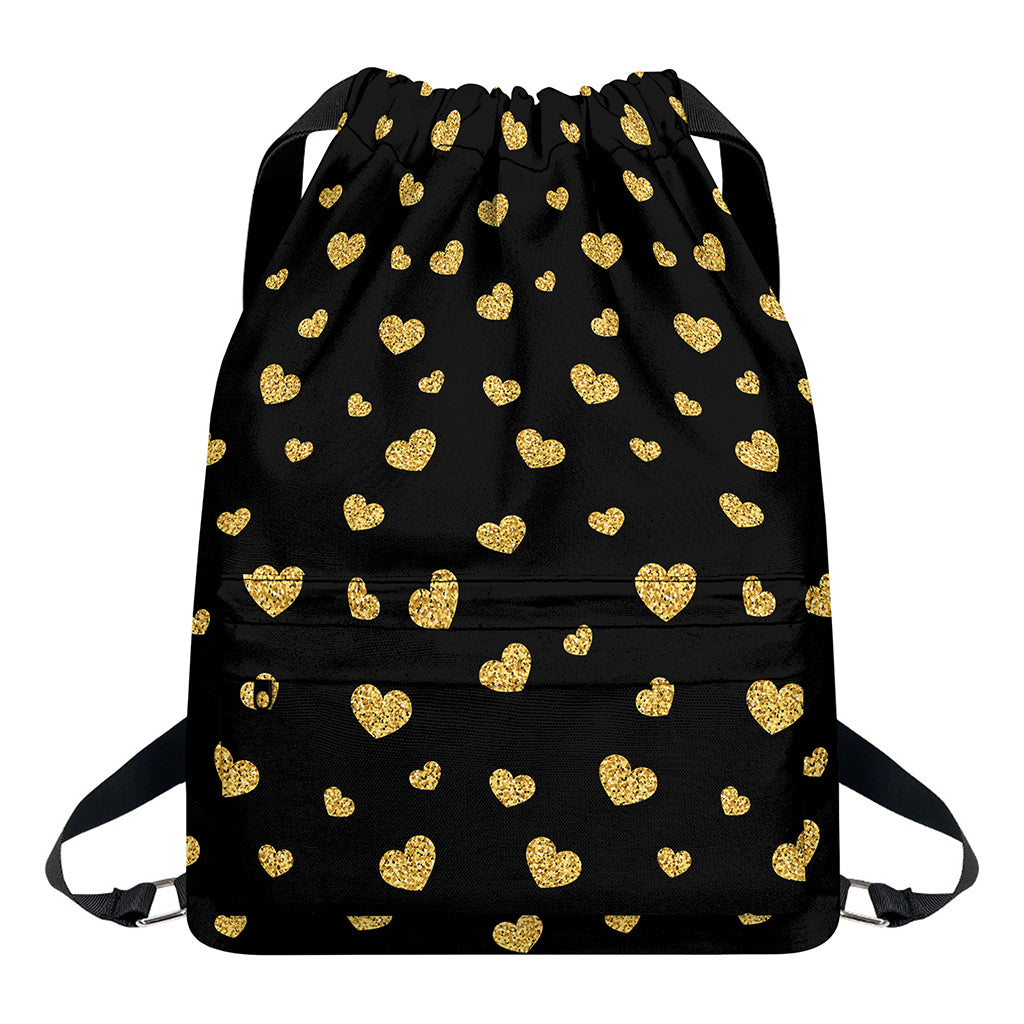 Gold And Black Heart Pattern Print Drawstring Backpack