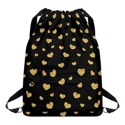 Gold And Black Heart Pattern Print Drawstring Backpack