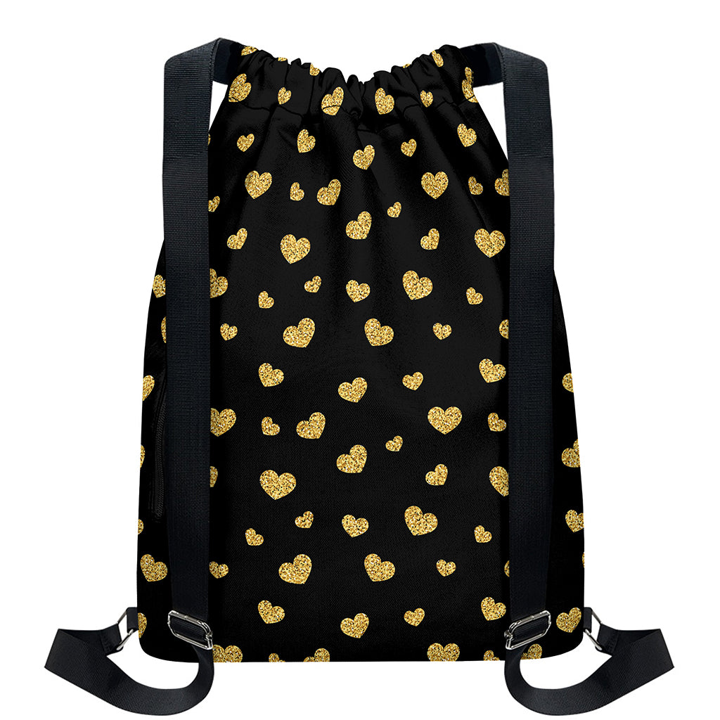 Gold And Black Heart Pattern Print Drawstring Backpack