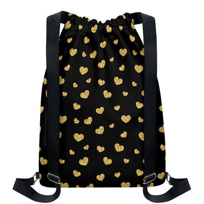 Gold And Black Heart Pattern Print Drawstring Backpack