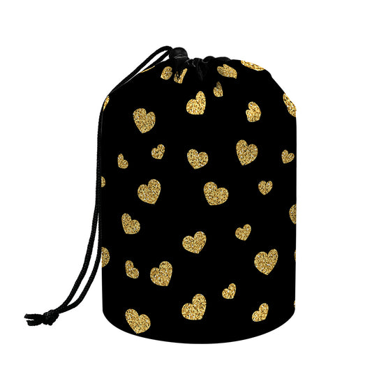 Gold And Black Heart Pattern Print Drawstring Makeup Bag