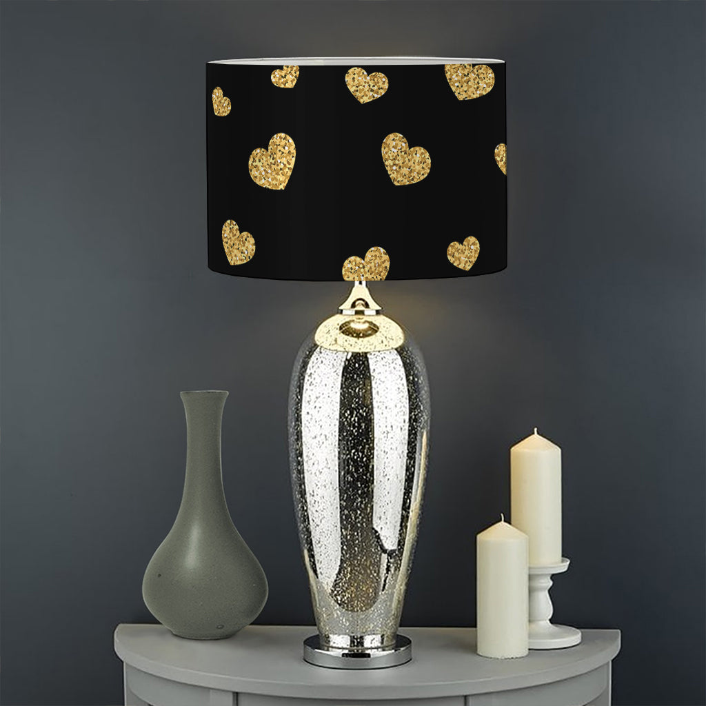 Gold And Black Heart Pattern Print Drum Lamp Shade