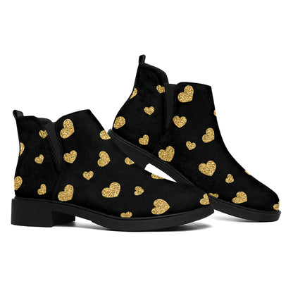 Gold And Black Heart Pattern Print Flat Ankle Boots