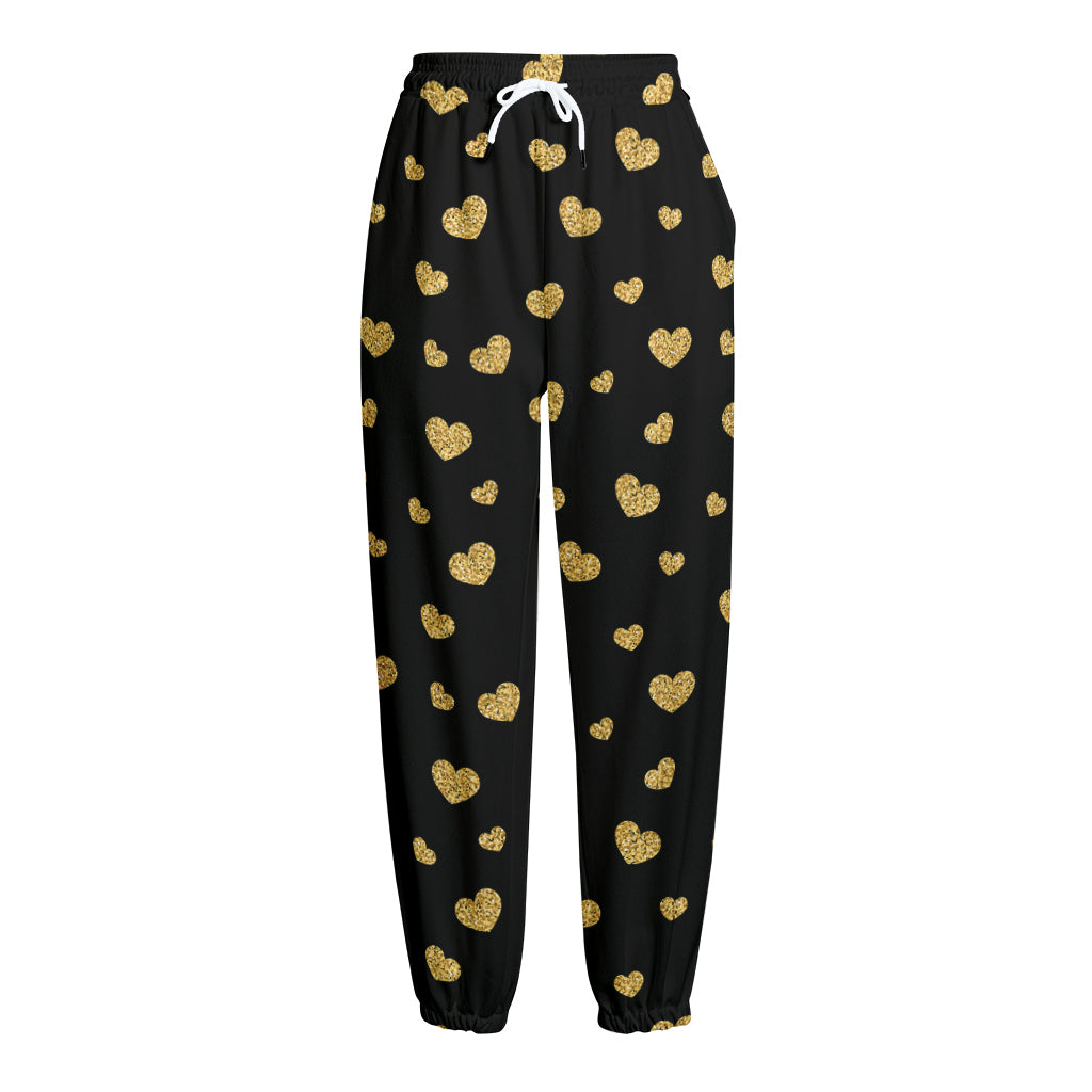 Gold And Black Heart Pattern Print Fleece Lined Knit Pants