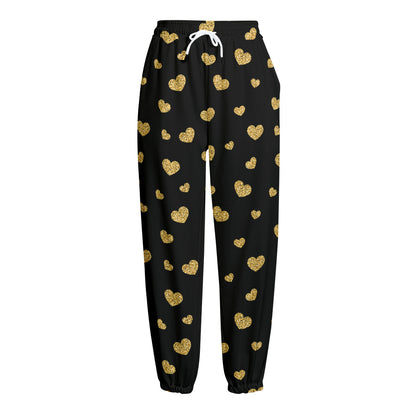 Gold And Black Heart Pattern Print Fleece Lined Knit Pants