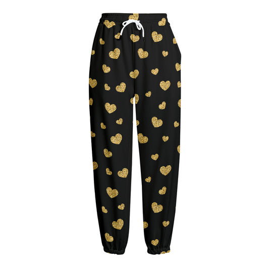 Gold And Black Heart Pattern Print Fleece Lined Knit Pants