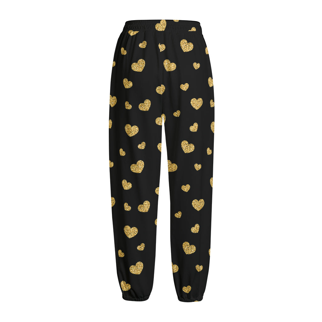 Gold And Black Heart Pattern Print Fleece Lined Knit Pants