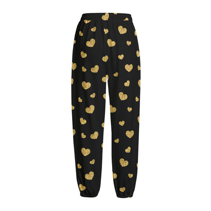 Gold And Black Heart Pattern Print Fleece Lined Knit Pants