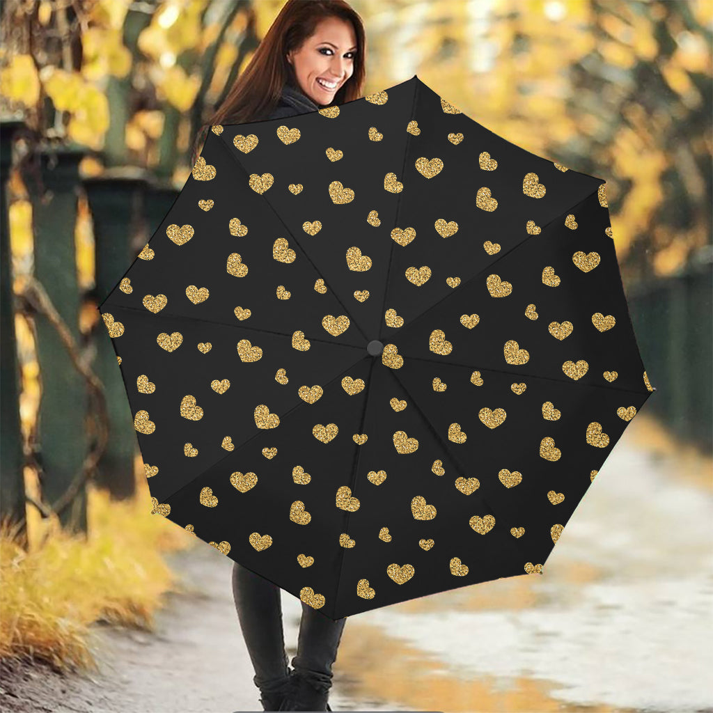 Gold And Black Heart Pattern Print Foldable Umbrella