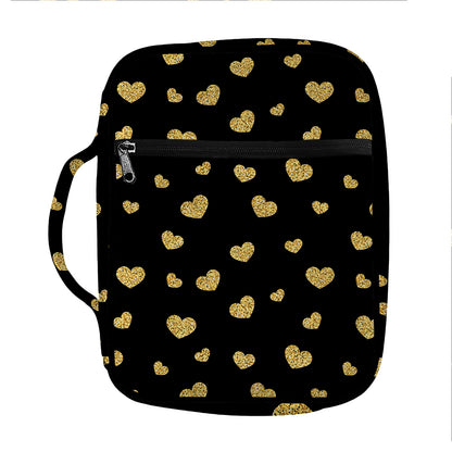 Gold And Black Heart Pattern Print Front Pocket Bible Bag