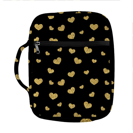 Gold And Black Heart Pattern Print Front Pocket Bible Bag