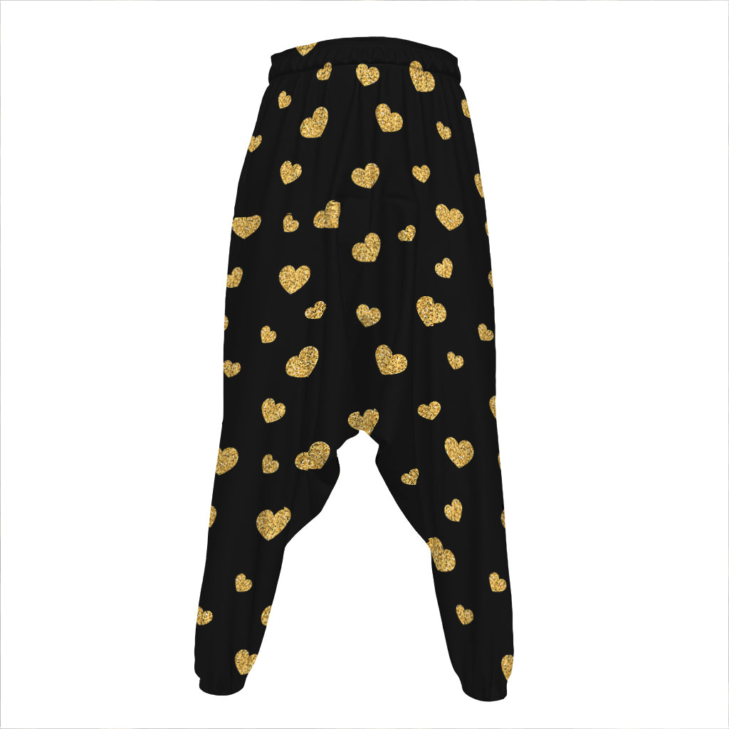 Gold And Black Heart Pattern Print Hammer Pants