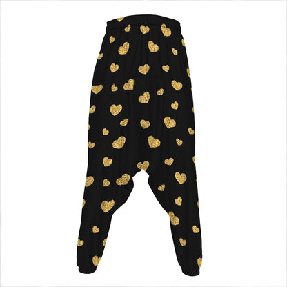 Gold And Black Heart Pattern Print Hammer Pants