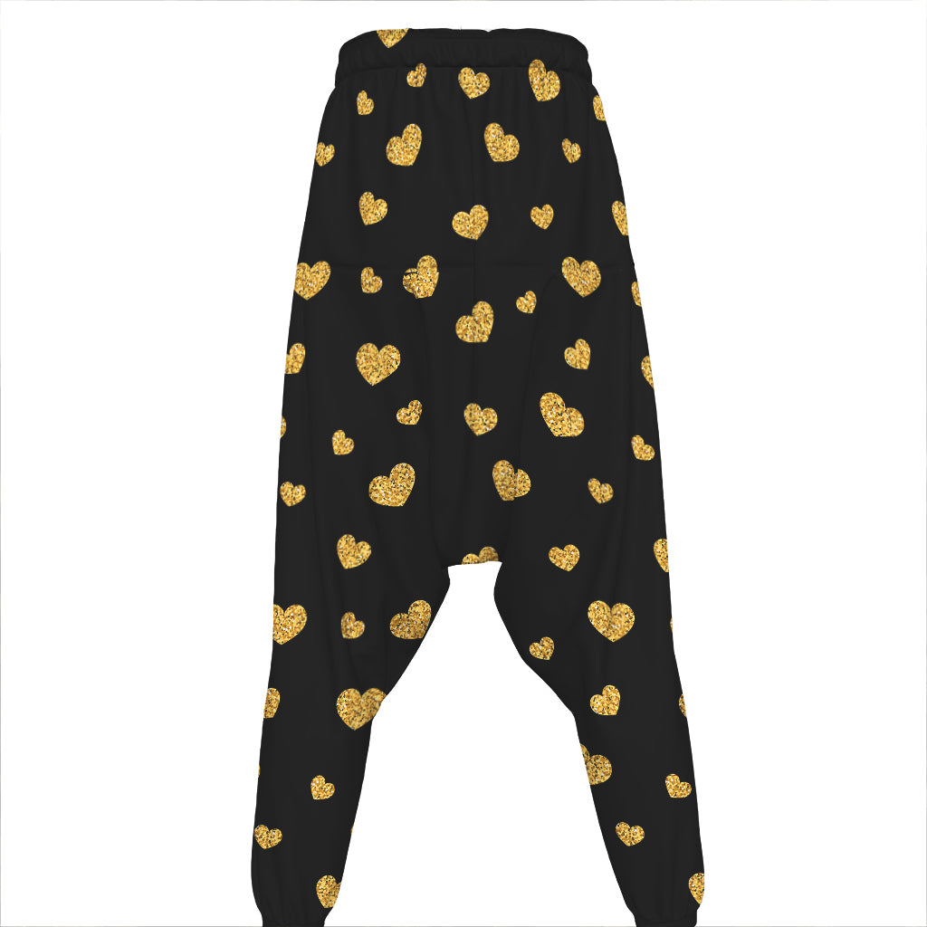 Gold And Black Heart Pattern Print Hammer Pants