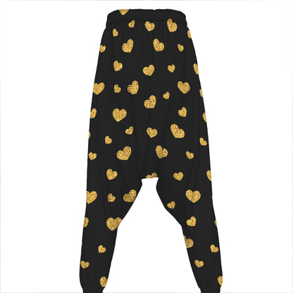 Gold And Black Heart Pattern Print Hammer Pants