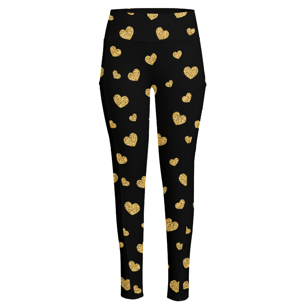 Gold And Black Heart Pattern Print High-Waisted Pocket Leggings