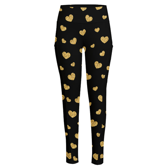 Gold And Black Heart Pattern Print High-Waisted Pocket Leggings
