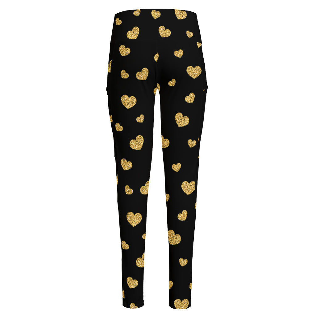 Gold And Black Heart Pattern Print High-Waisted Pocket Leggings