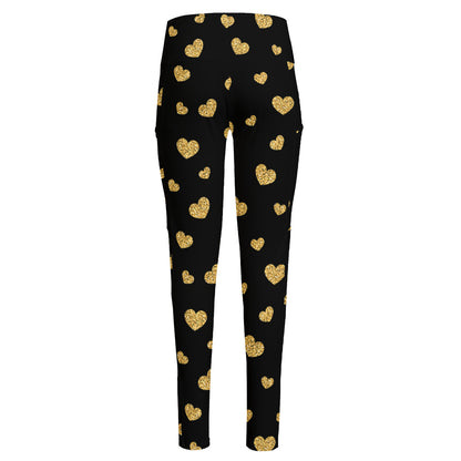 Gold And Black Heart Pattern Print High-Waisted Pocket Leggings