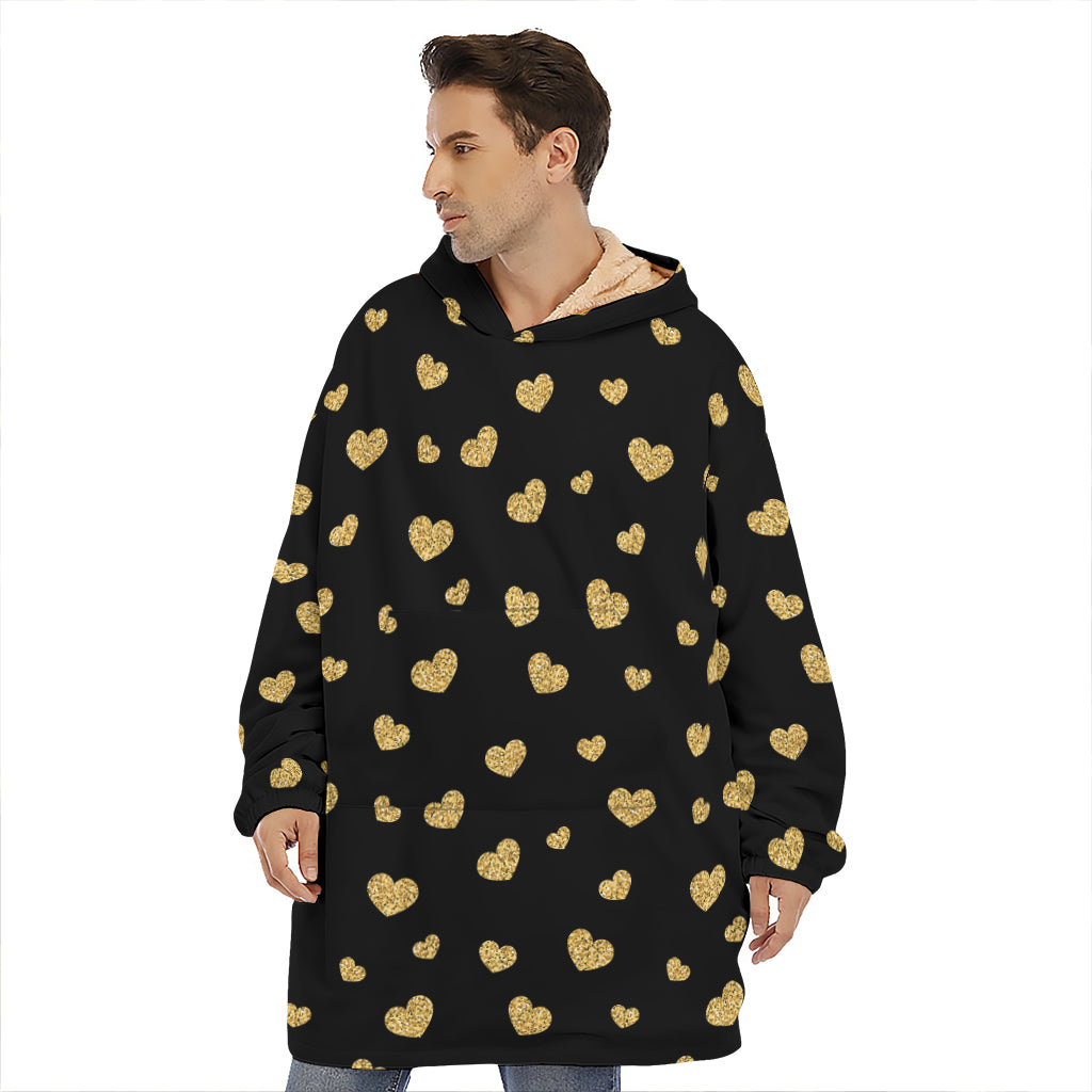 Gold And Black Heart Pattern Print Hoodie Blanket