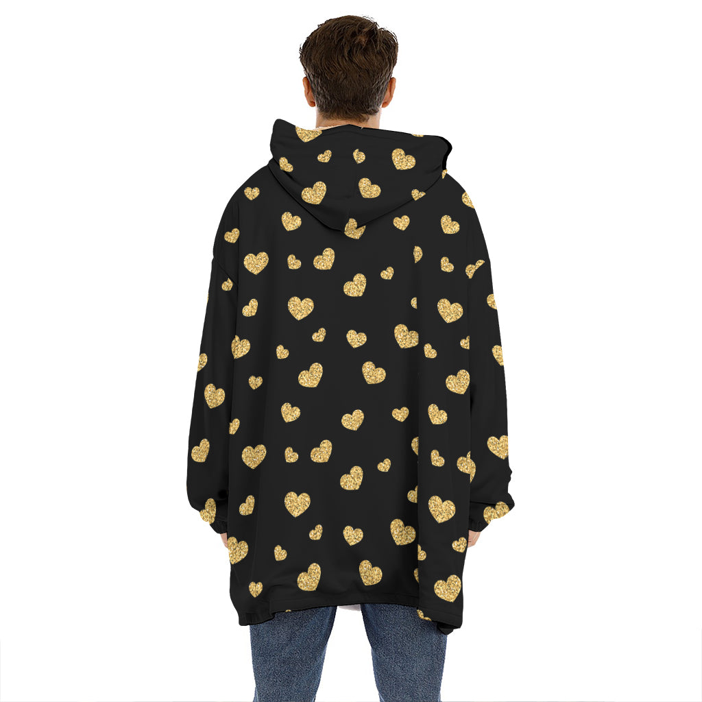 Gold And Black Heart Pattern Print Hoodie Blanket