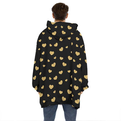 Gold And Black Heart Pattern Print Hoodie Blanket