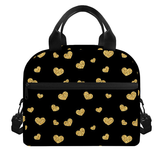 Gold And Black Heart Pattern Print Insulated Lunch Bag