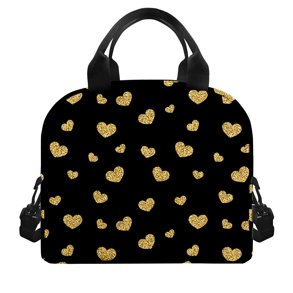 Gold And Black Heart Pattern Print Insulated Lunch Bag