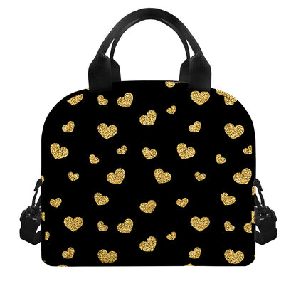 Gold And Black Heart Pattern Print Insulated Lunch Bag