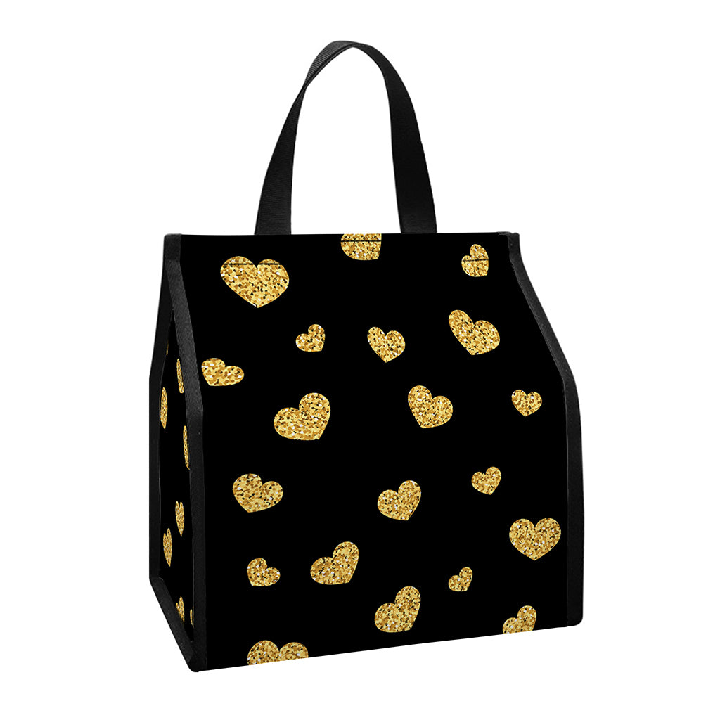 Gold And Black Heart Pattern Print Insulated Lunch Tote