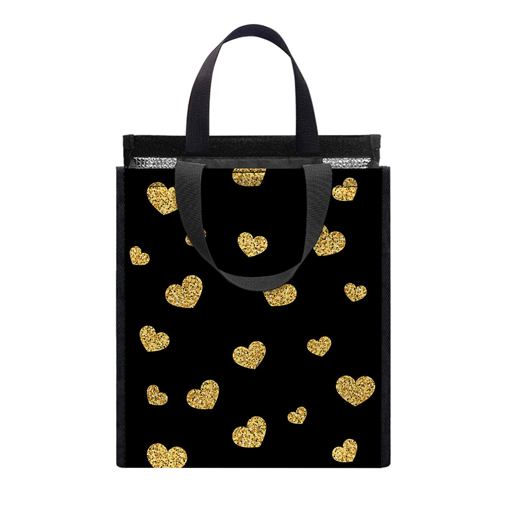 Gold And Black Heart Pattern Print Insulated Lunch Tote