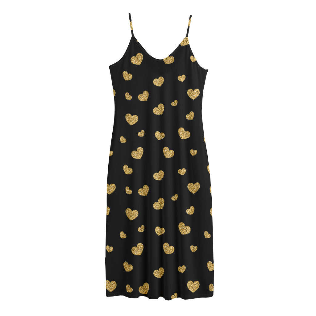 Gold And Black Heart Pattern Print Jersey Midi Cami Dress