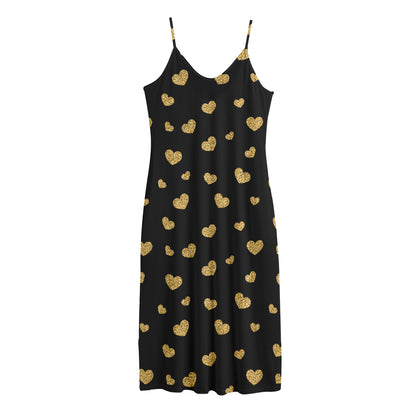 Gold And Black Heart Pattern Print Jersey Midi Cami Dress