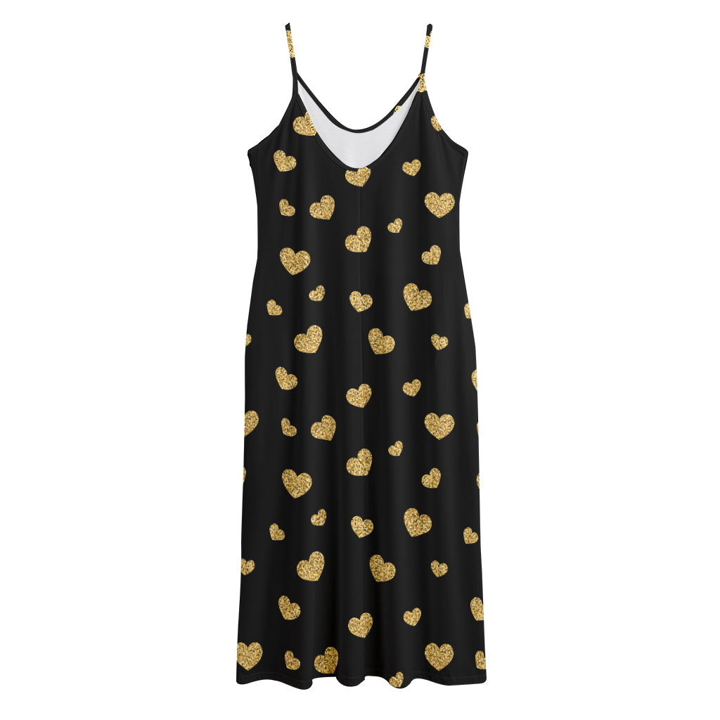 Gold And Black Heart Pattern Print Jersey Midi Cami Dress