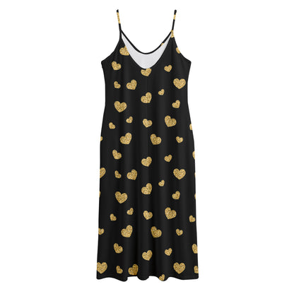 Gold And Black Heart Pattern Print Jersey Midi Cami Dress
