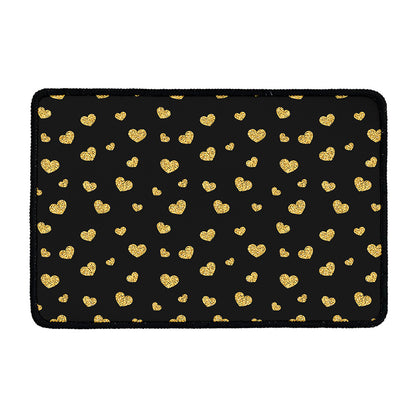 Gold And Black Heart Pattern Print Kitchen Mat