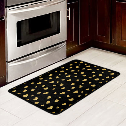 Gold And Black Heart Pattern Print Kitchen Mat