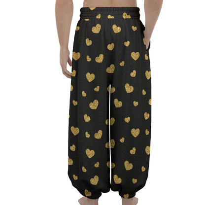 Gold And Black Heart Pattern Print Lantern Pants