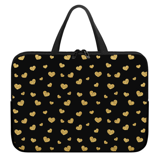 Gold And Black Heart Pattern Print Laptop Sleeve With Handle