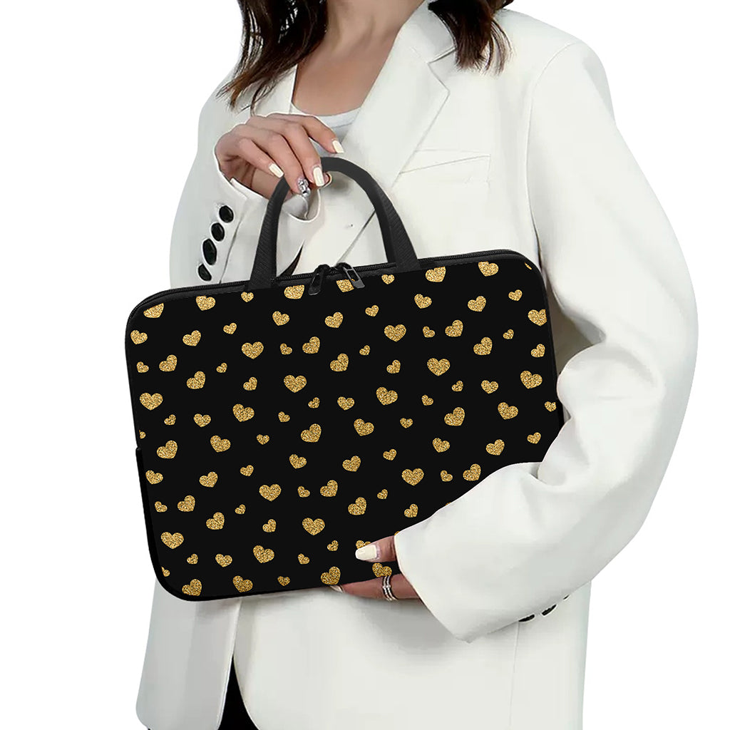 Gold And Black Heart Pattern Print Laptop Sleeve With Handle
