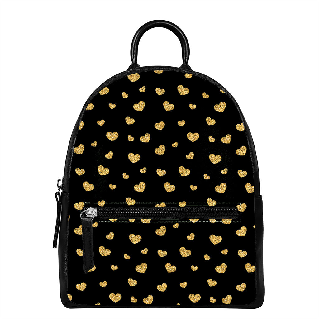 Gold And Black Heart Pattern Print Leather Backpack