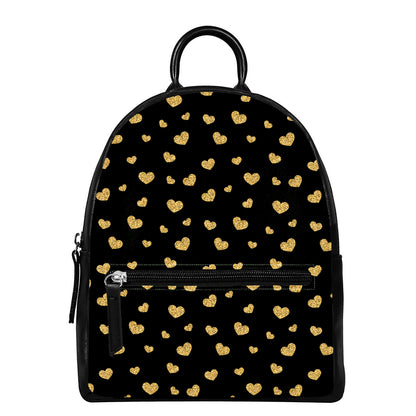 Gold And Black Heart Pattern Print Leather Backpack