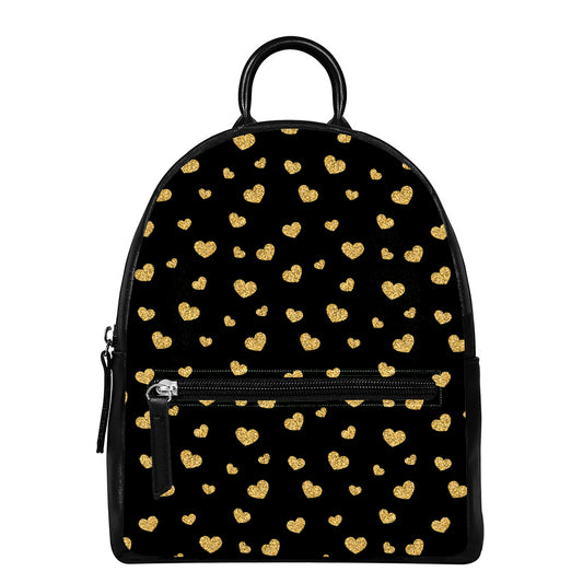 Gold And Black Heart Pattern Print Leather Backpack