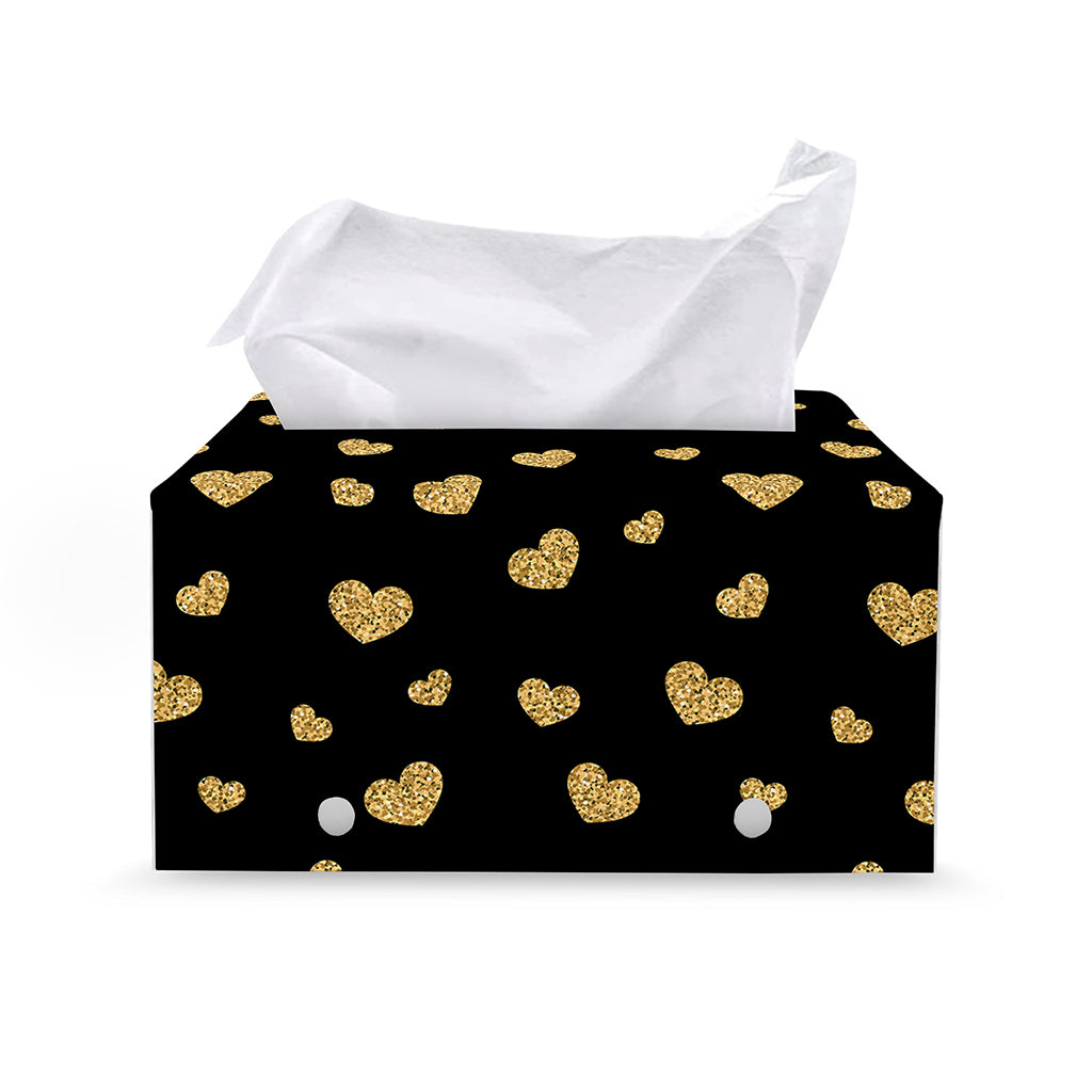 Gold And Black Heart Pattern Print Leather Tissue Box Cover