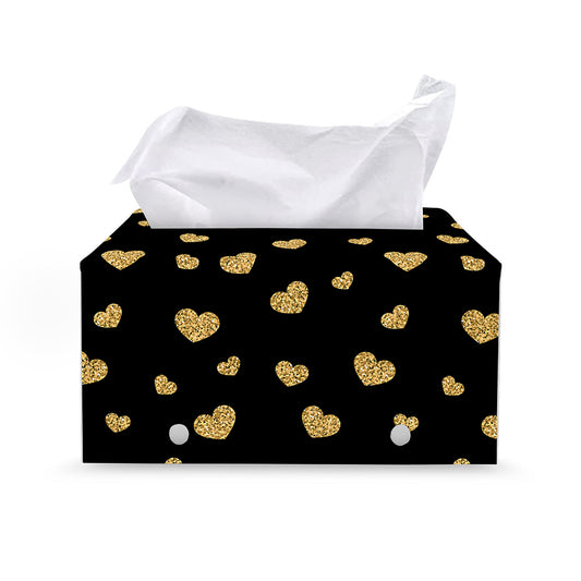 Gold And Black Heart Pattern Print Leather Tissue Box Cover