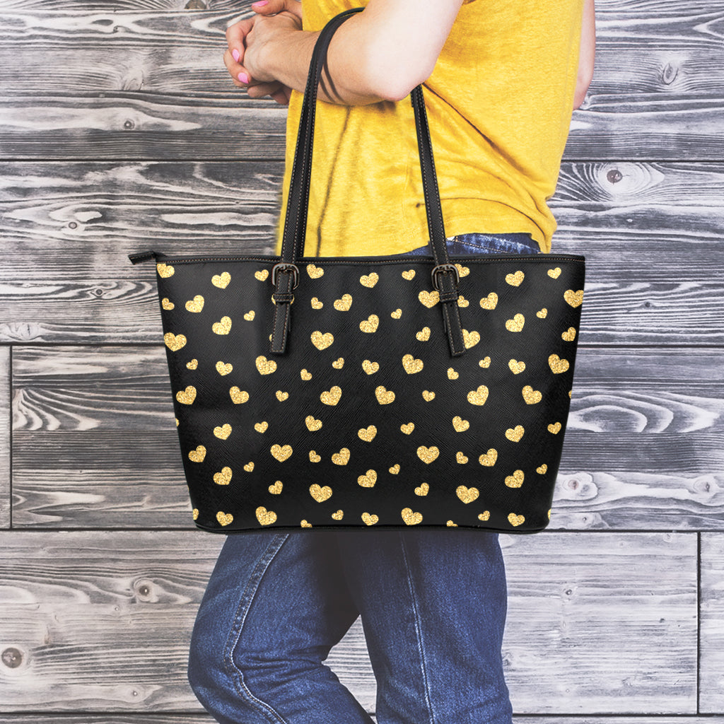 Gold And Black Heart Pattern Print Leather Tote Bag